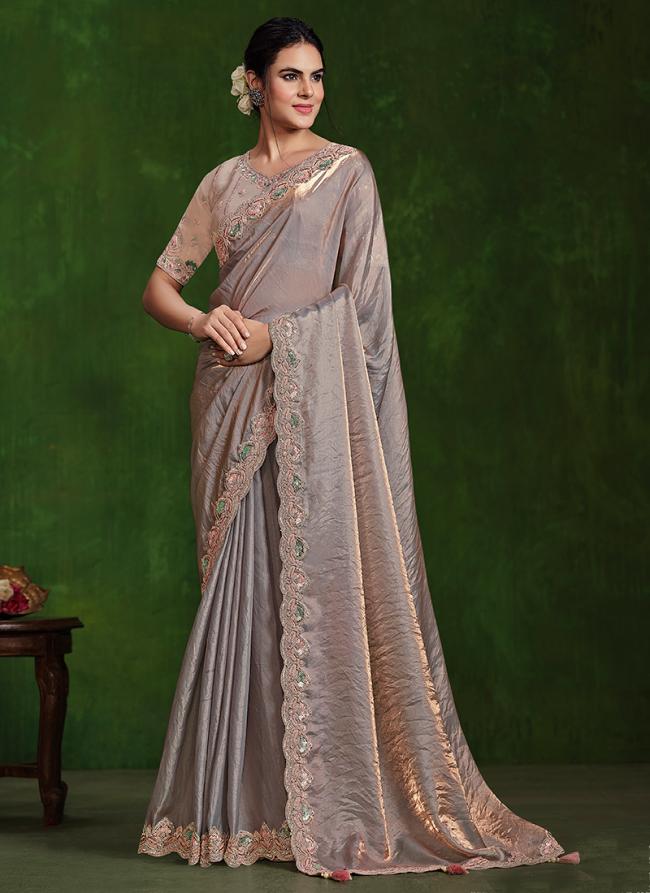 Satin Silk Peach Wedding Wear Sequence Work Saree